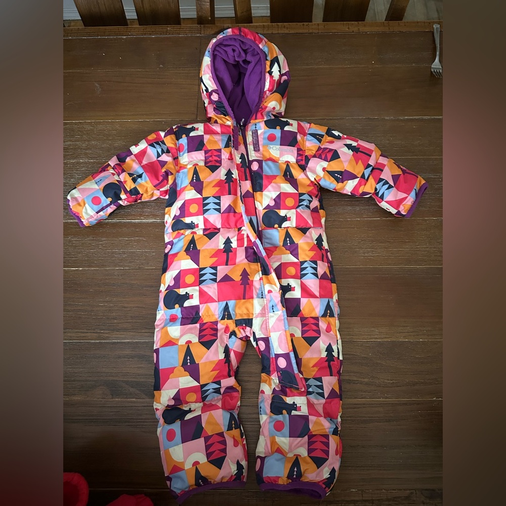 Columbia Kids Geometric Print Hooded Puffer Snowsuit - Purple, Pink, Orange